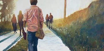 A person walks alone on a sunlit path surrounded by others.