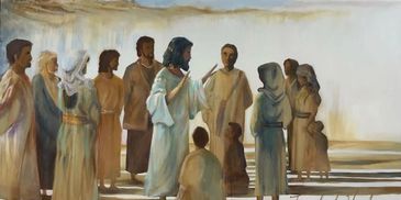 Jesus teaching a group of diverse people outdoors.