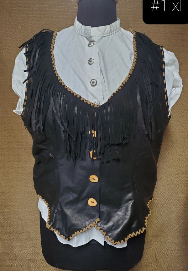 Leather Top or Vest,  XL, Hand made trimmed in Brown & wood buttons, fringe all hand cut.  $ 125  (G