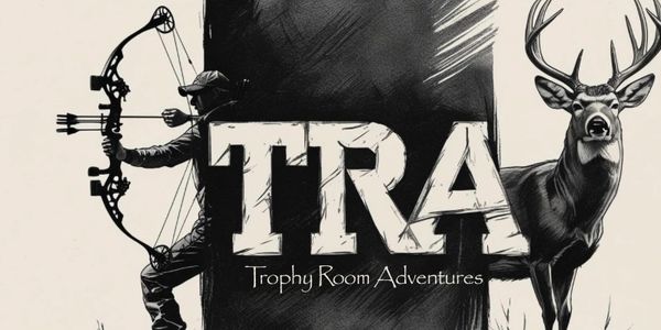 Illustration featuring a bowhunter and a whitetail deer with Trophy Room Adventures logo.