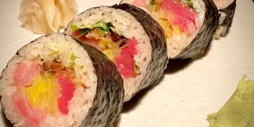 4 pcs Medium Size Roll. Toro blue fin fatty tuna, blue fin red tuna, mixed Japanese herbs (Mitsuba, 