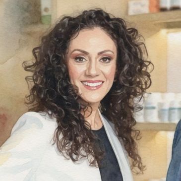 A woman with curly hair wearing a white blazer and smiling.