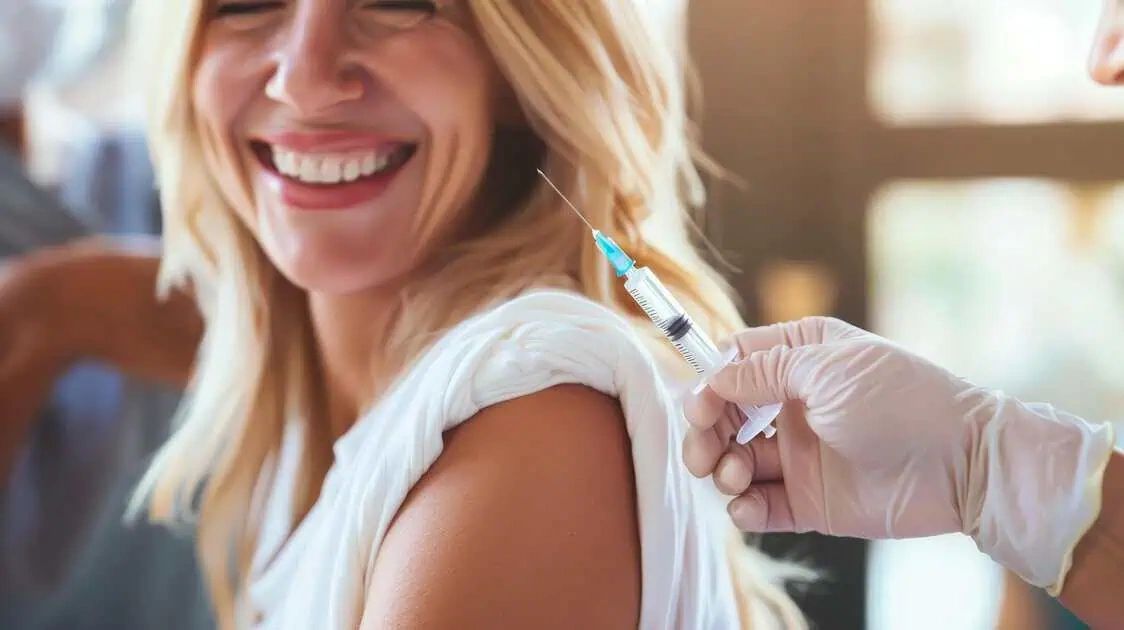 Smiling woman receiving a vaccine injection in her upper arm.