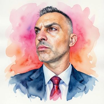 Watercolor portrait of a serious man in a suit and tie with a vibrant background.
