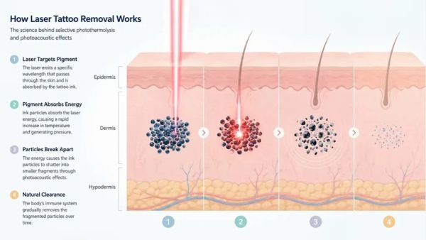 Diagram illustrating laser tattoo removal process targeting and breaking down ink particles.