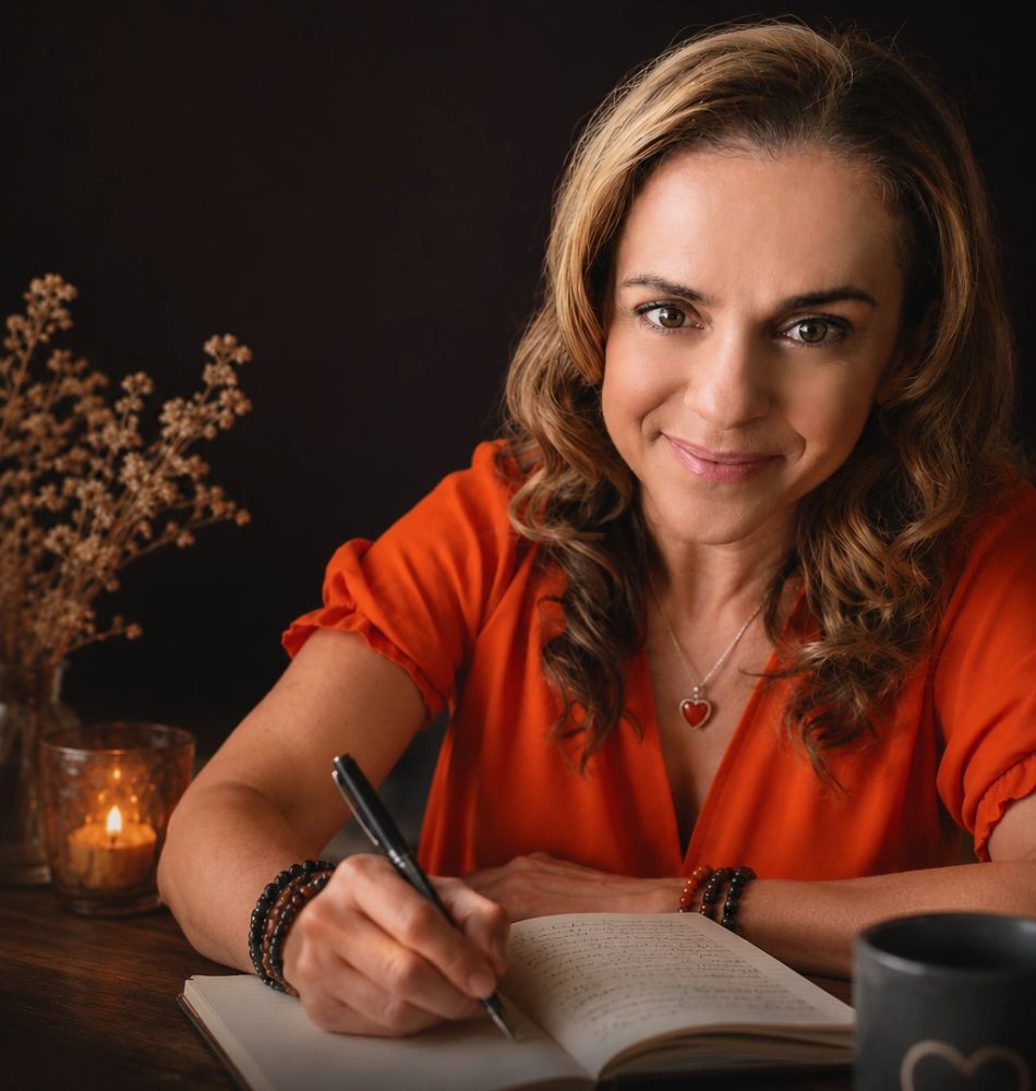 Smiling woman in orange writing in a journal.