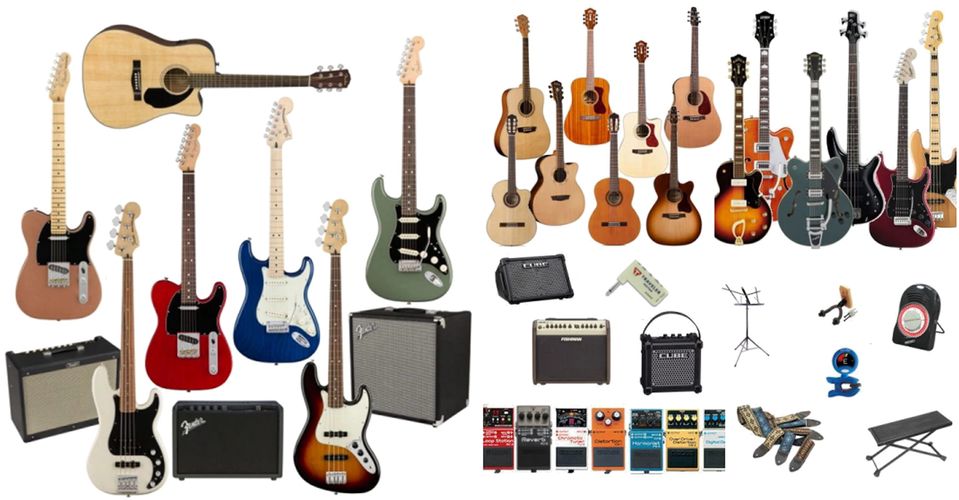 Guitars Boss, Cordoba, Ibanez, Fender, Grestch, Guild, Roland, Seagull, Squier, Traveler, Washburn