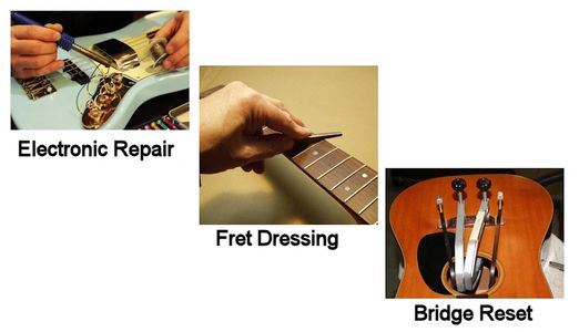Guitar Repair
Electronic repair Pickup install
Nut or Saddle replacement
Fret Dressing  Bridge Reset