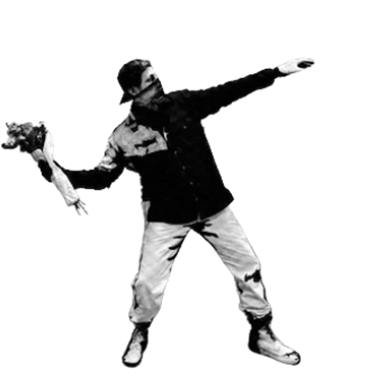 Man in black and white throwing a bouquet of flowers.