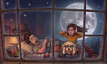 Man sleeping while mischievous woman and sad dog watch through window at night.
