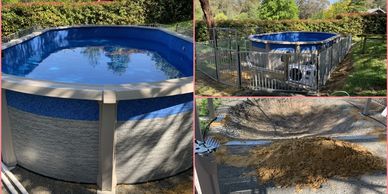 Before and after the setting up an above-ground pool.