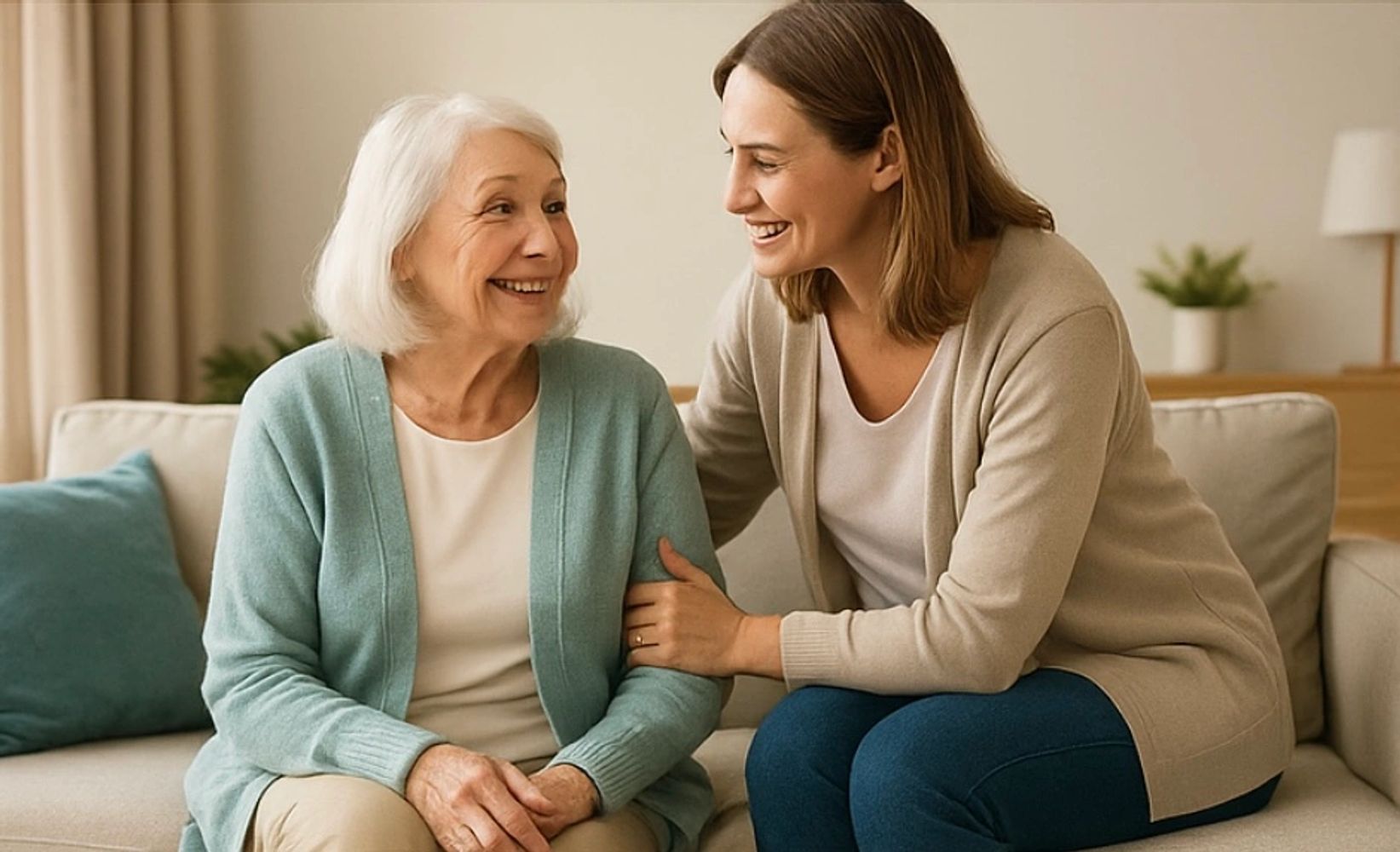 Young woman warmly supporting elderly woman on couch, both smiling.