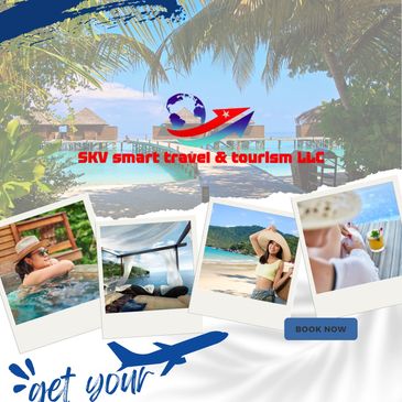Travel agency ad offering visa services with tropical vacation images and contact details.