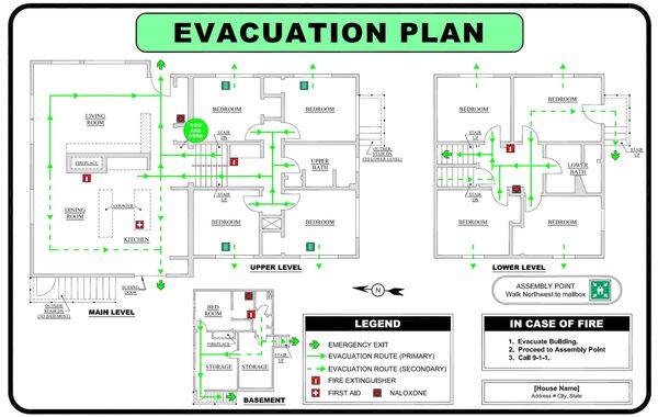 Detailed evacuation plan with levels and emergency routes.