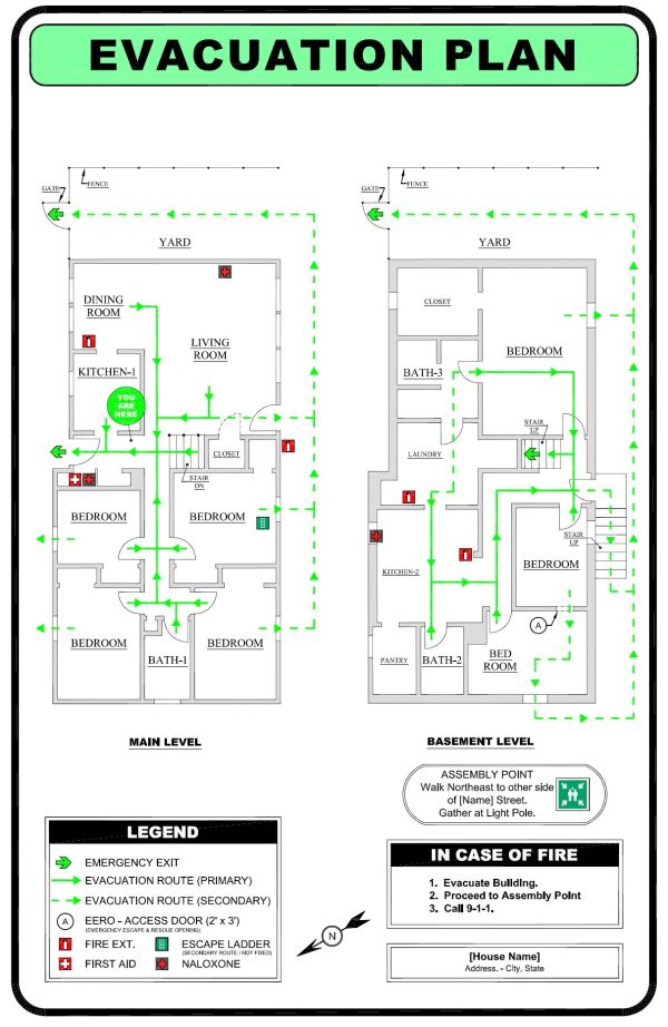 Detailed evacuation plan for main and basement levels with emergency exits and routes.