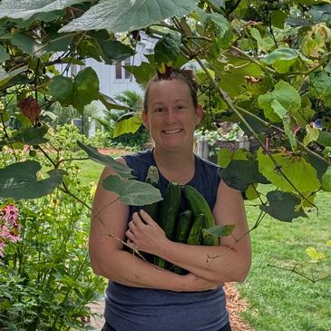 Woman holding freshly picked cucumbers in a garden.