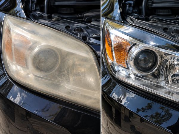 Before-and-after headlight restoration showing the improvement from cloudy, oxidized headlights to c