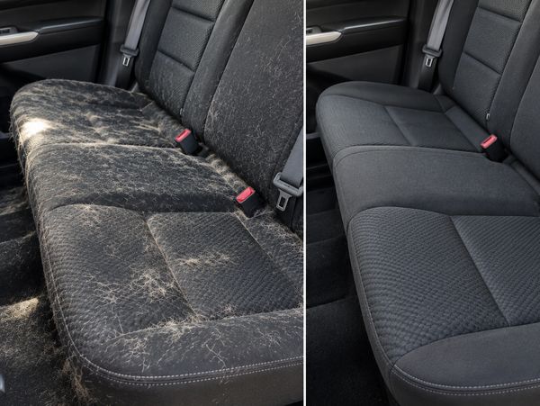 Before-and-after interior detailing showing pet hair removal from vehicle upholstery.