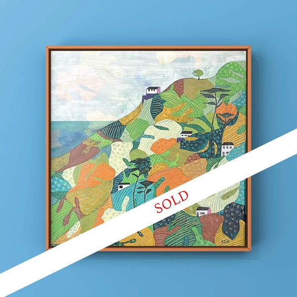 Colorful landscape painting with leaves and small houses.