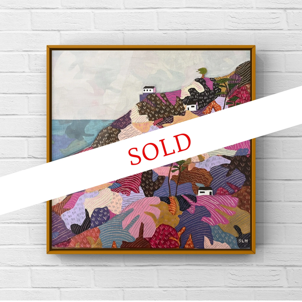 Colorful abstract landscape painting with small white houses.