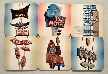 A collage of six vintage motel signs from the mid-20th century.