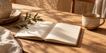 Open notebook on wooden table with sunlight.
