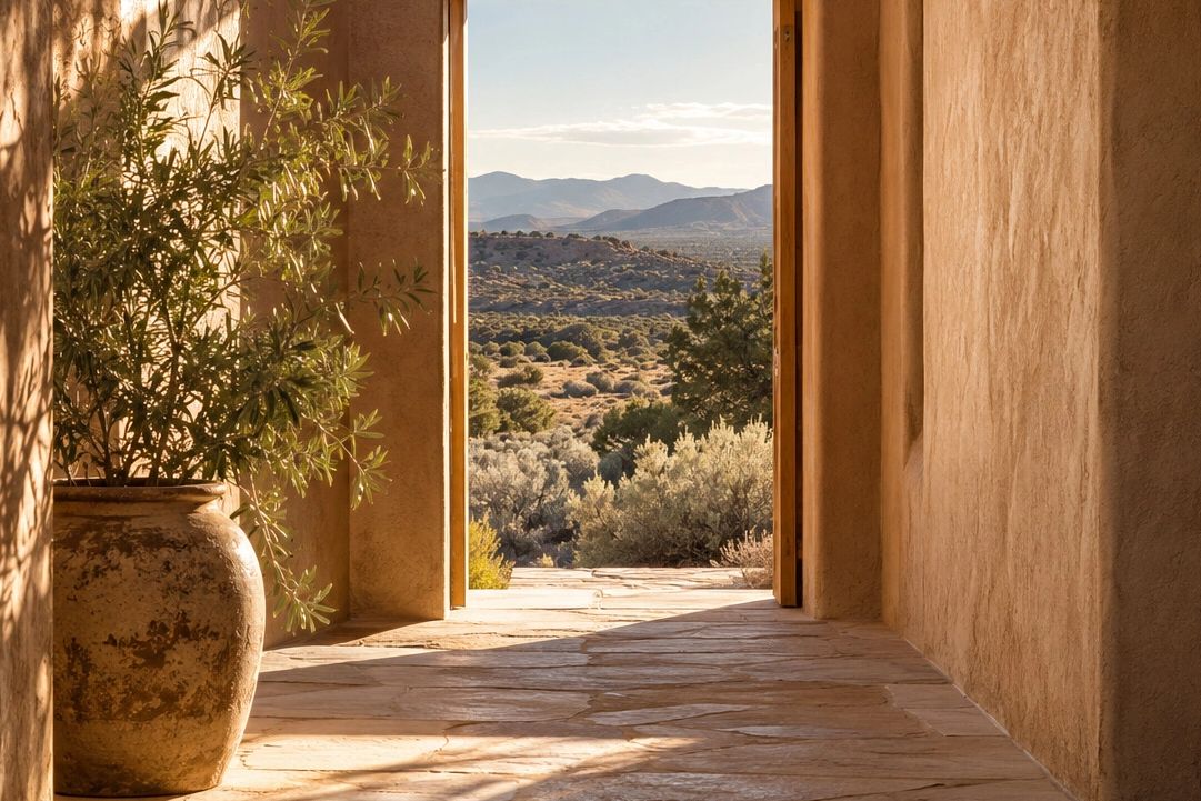 View through an open doorway to a scenic desert landscape.