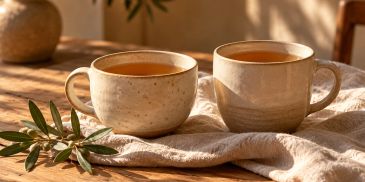 Two cups of tea on a wooden table with a cloth.