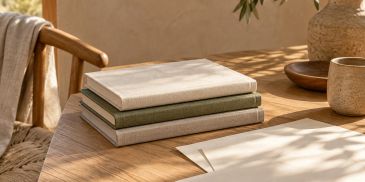Stack of books on a wooden table beside paper and pottery.