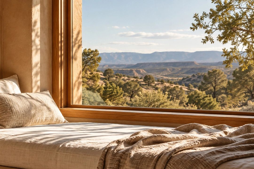 Cozy bed beside a large window with scenic mountain views.