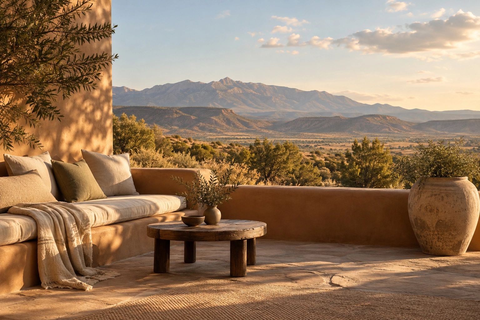 Cozy outdoor seating with mountain views at sunset.