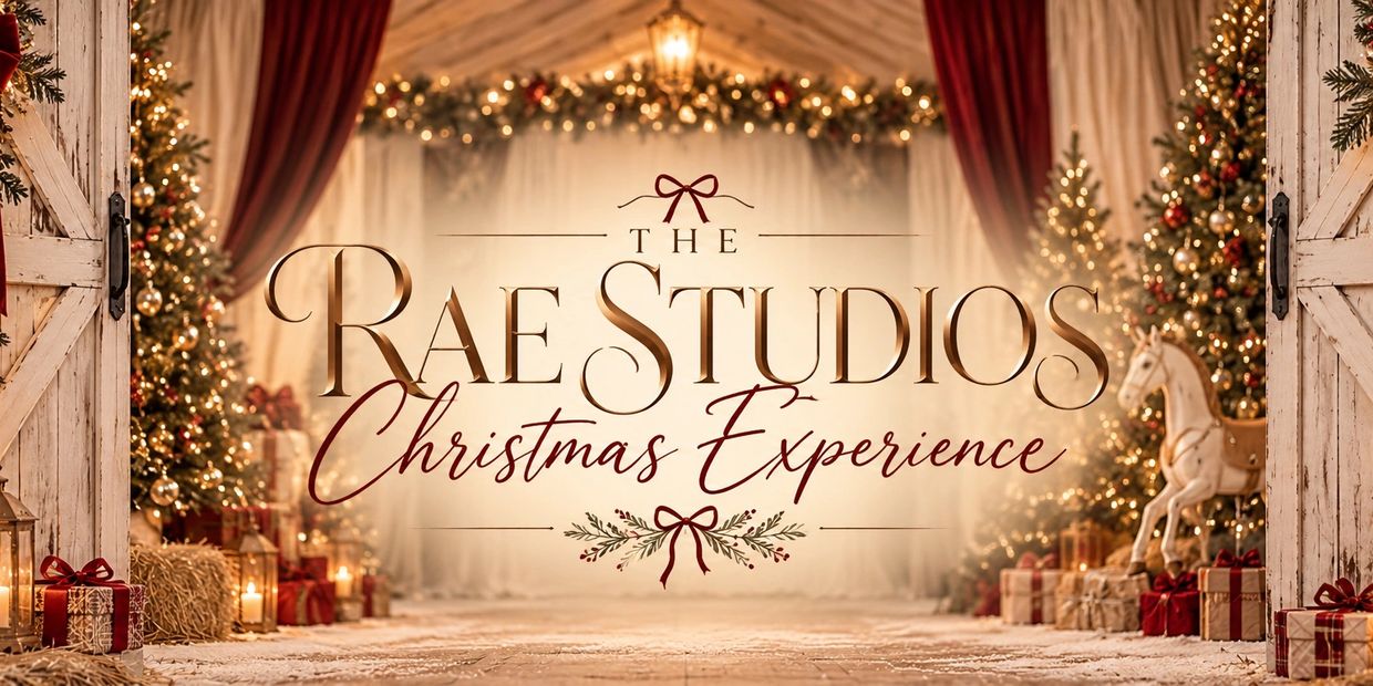 Christmas-themed photo studio entrance with festive decorations.