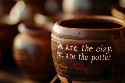 Pottery with the words "We are the clay, you are the potter."