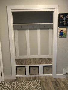 functional front entry closet conversion handyman service closet shelving Creative Rehab Consultants