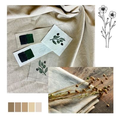 Raina Atelier Sustainability illustration with linen plant and Mediterranean olives print samples 