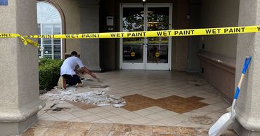 Ivy Park Senior Living in Mission Viejo, CA. Elite Crete texture pave stamped overlay, epoxy system.