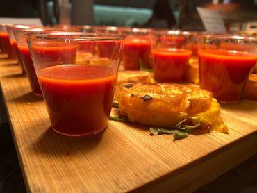 tomato bisque shooters with american grilled cheese