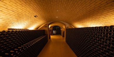 A winery cellar stocked wtih sparkling wine bottles