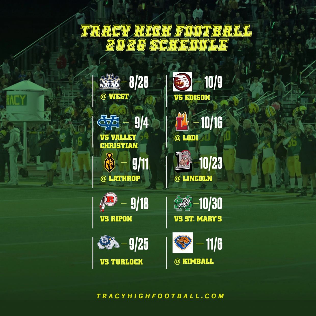 Tracy High Football 2026 schedule with dates and opponents listed.
