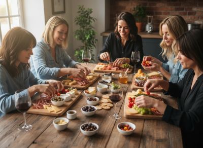 Five women enjoying a charcuterie board and wine together.