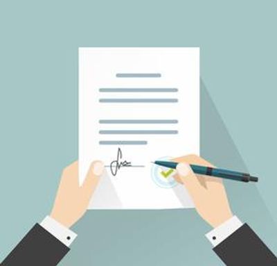 A cartoon illustration of hands holding a document, signing it, with a checkmark seal.