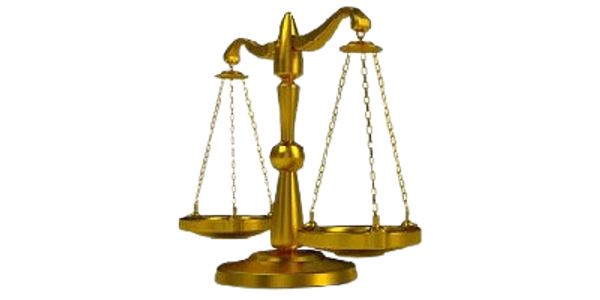 A shiny, golden set of scales of justice with two hanging pans.
