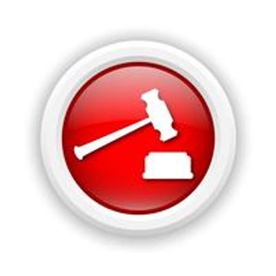 A round, red icon with a white outline features a white gavel and sounding block.