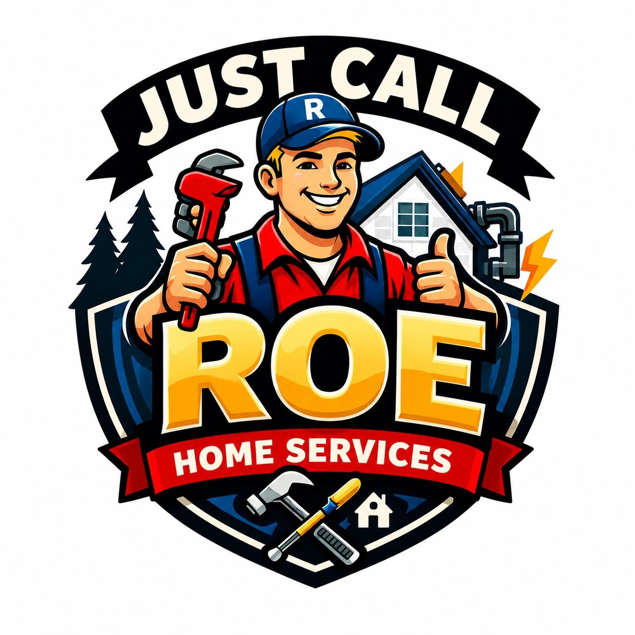 Logo of Roe Home Services featuring a smiling handyman with a wrench.