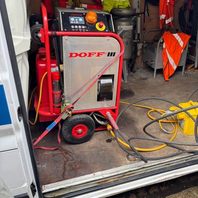 DOFF steam cleaning machine inside Fairbrother Brick Co van – professional brick restoration and heritage cleaning equipment, London.