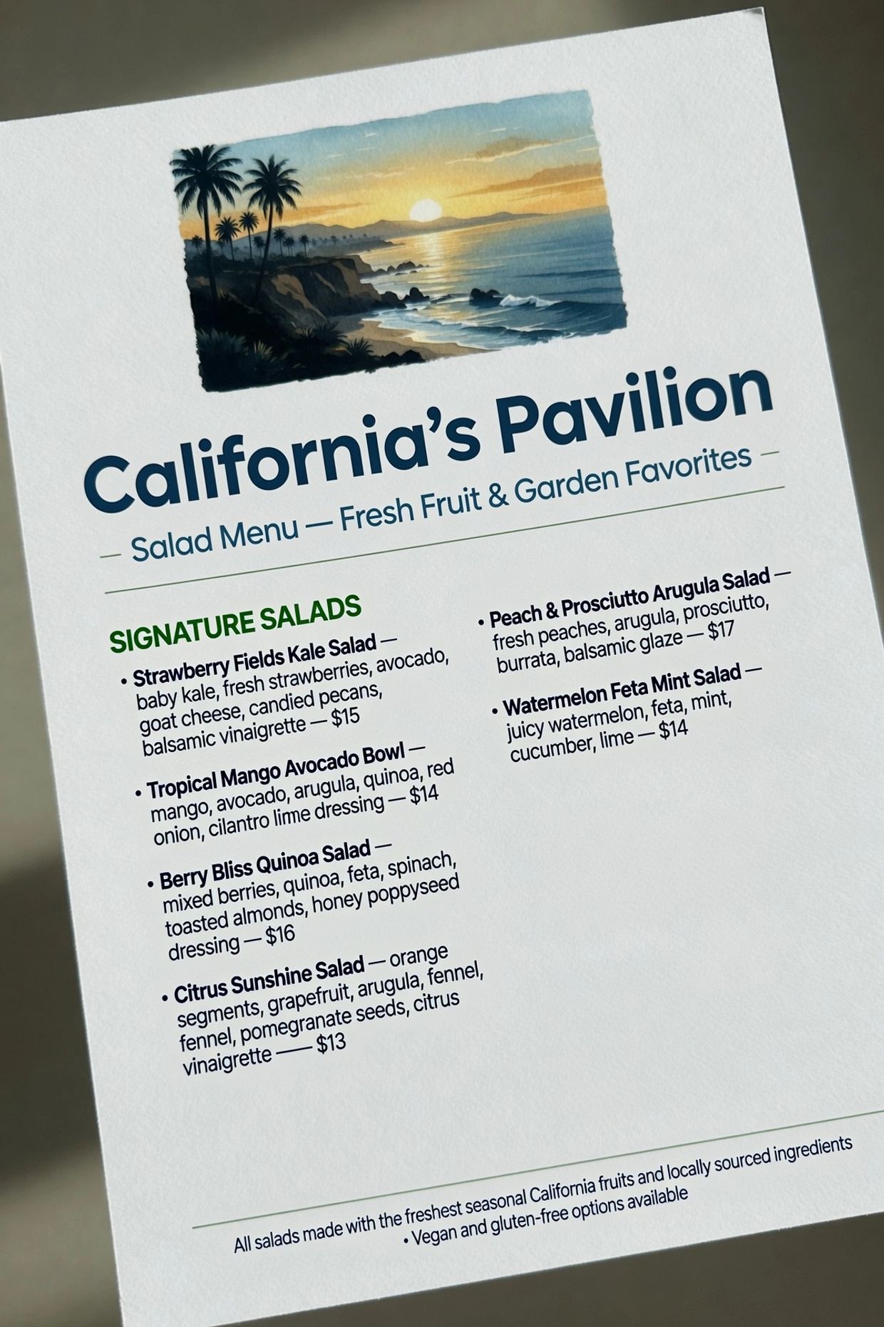 California's Pavilion salad menu featuring fresh fruit and garden salads with ingredients like kale, mango, and watermelon.