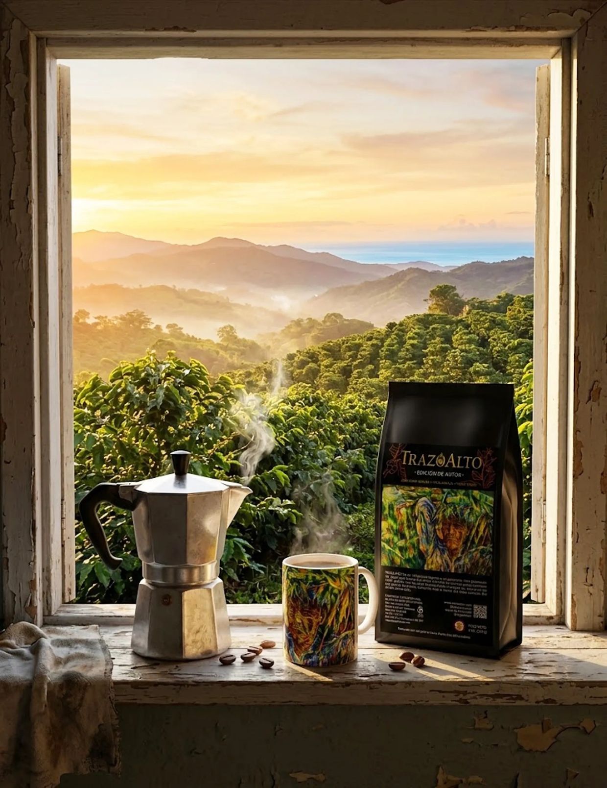 Coffee setup with mountain view at sunrise.