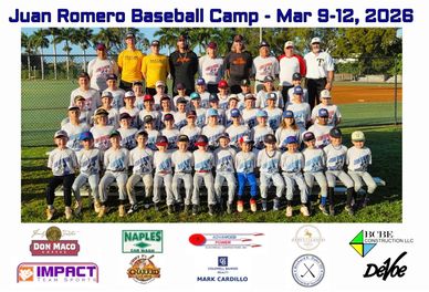 Group photo of young baseball players and coaches at Juan Romero Baseball Camp 2026.