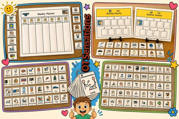 Visual communication board for daily routines and activities with symbols and cards.