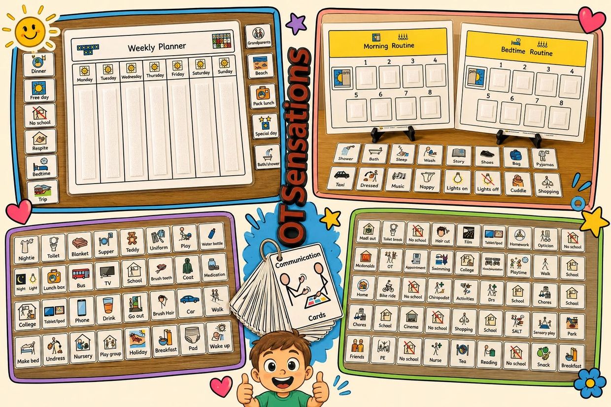 Visual communication board for daily routines and activities with symbols and cards.